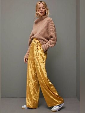 MAEVE Anastasia Gold Crushed Velvet wide leg pants
